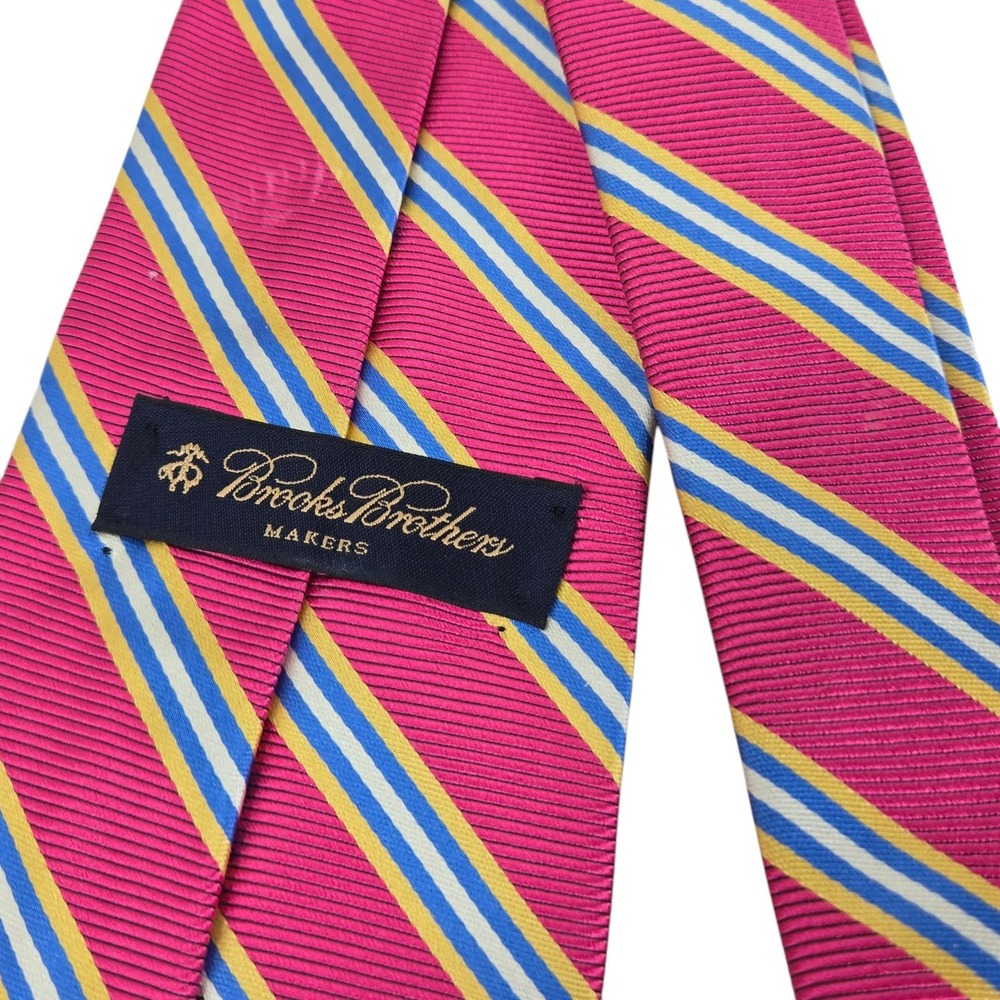 BROOKS BROTHERS Makers Mens 100% Silk Necktie USA Designer STRIPED Pink/Blue EUC